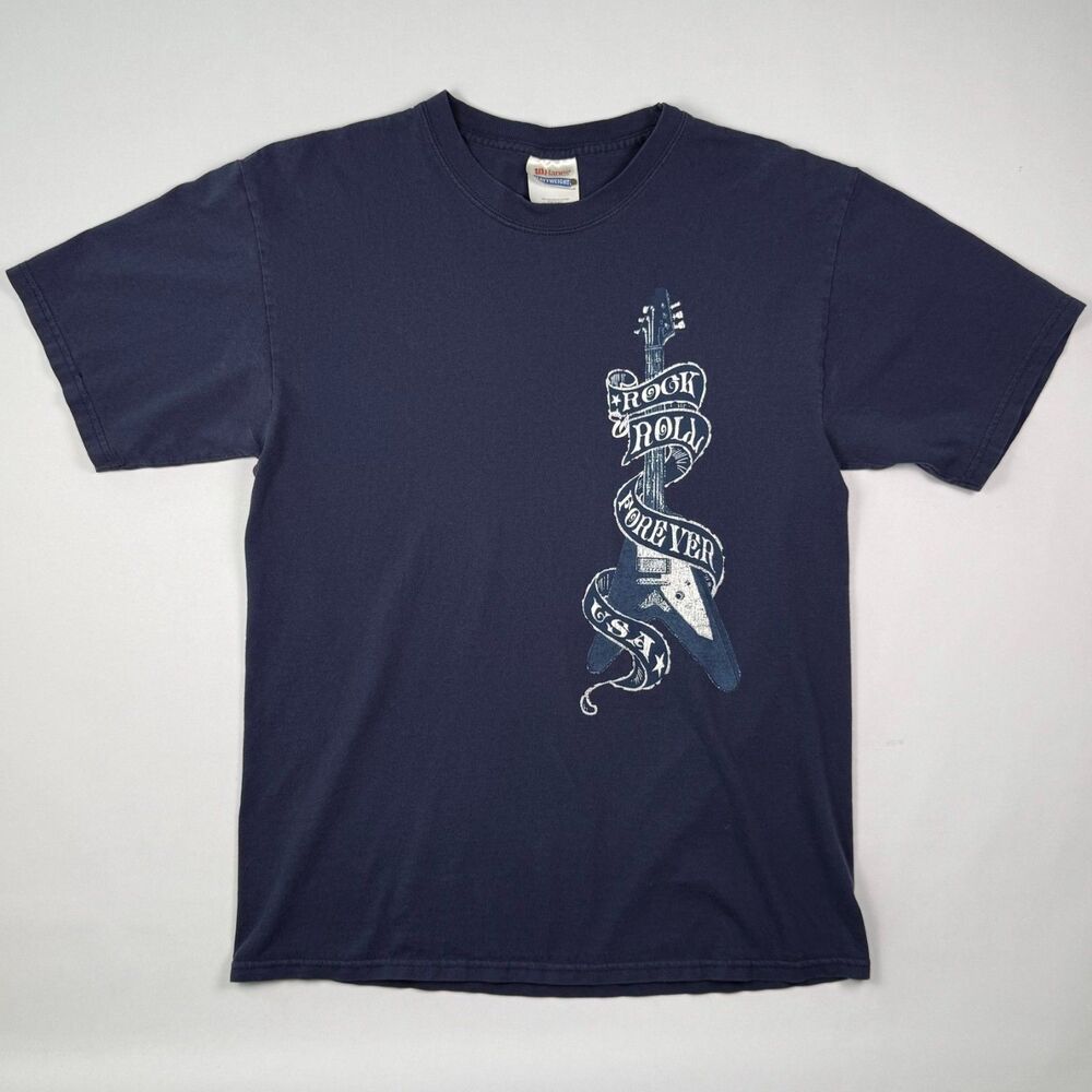 Vintage Rock Roll Forever USA Guitar T-Shirt M Navy Blue Hanes Heavyweight